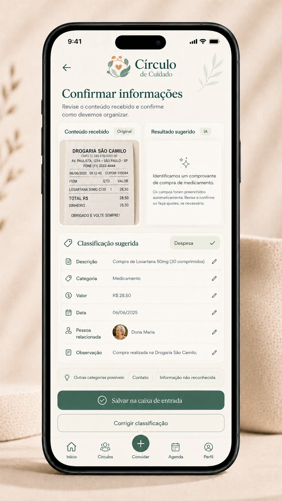Tela de confirmação de informação identificada pela inteligência artificial